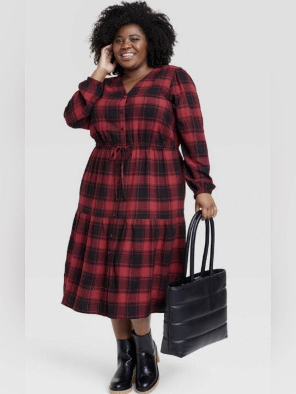 Knox Rose Red and Black Plaid Tiered Midi Dress